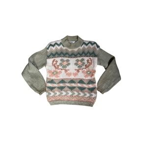 Cristina Vintage Geometric Floral Mock Neck Knit Sweater Women Small
